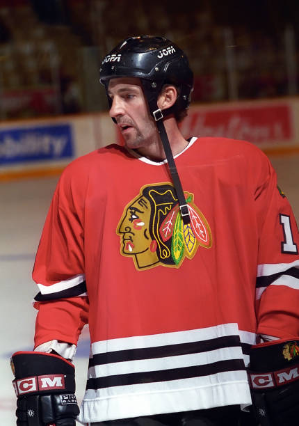 Denis Savard of the Chicago Black Hawks skates against the Toronto Maple Leafs during NHL playoff game action on May 11, 1995 at Maple Leaf Gardens...